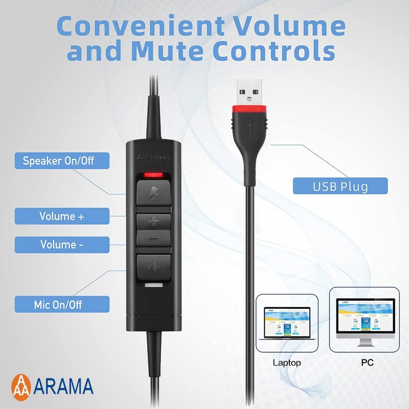 Arama USB Headset with Microphone for PC, Computer Laptop Headphones with Noise Cancelling Mic & Audio Controls for Home Office Business Skype UC Webinar Zoom - Image 5